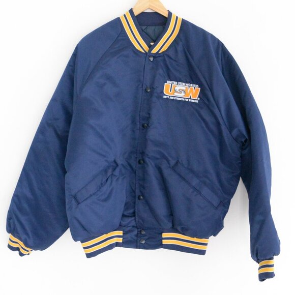 Vintage '80s King Louie America Navy Yellow Steelworkers Button Up Bomber Jacket - Picture 1 of 14
